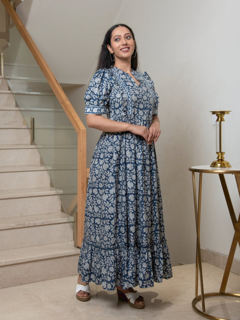 MULMUL NAVY FLORAL JAAL BLOCK PRINTED DRESS MULMUL NAVY FLORAL JAAL BLOCK PRINTED DRESS